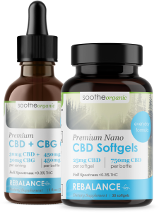 An image of Soothe Organic's rebalancing CBD softgels for relaxation.