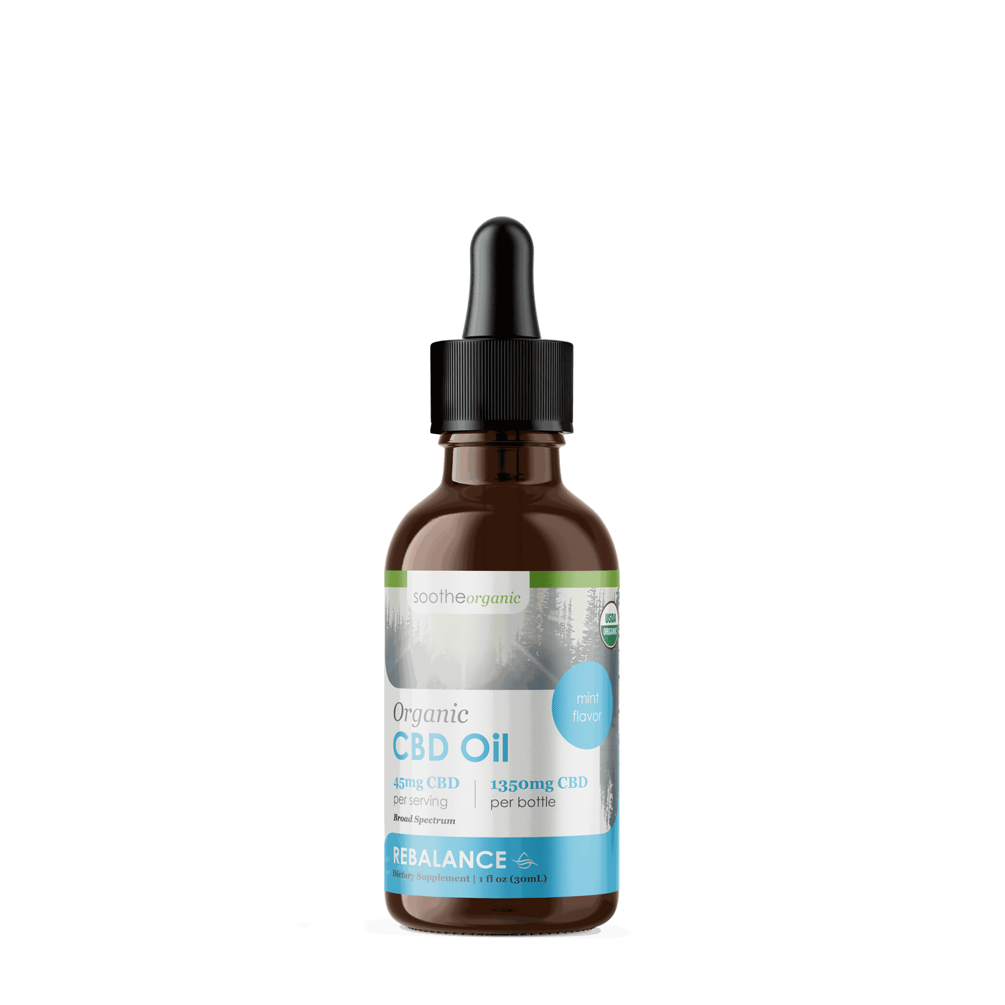 Organic Broad Spectrum CBD Tincture 1350mg in tranquil mint flavor, THC-free, USDA organic and lab tested