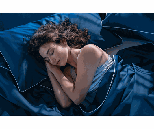 A woman waking gently at sunrise in a tidy bedroom with a Soothe Organic CBD sleep tincture on the nightstand